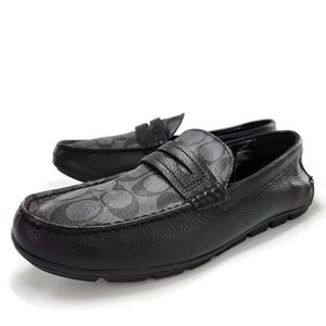 Coach Black Mott Black Pebbled Leather Signature Coated Canvas Penny Loafers